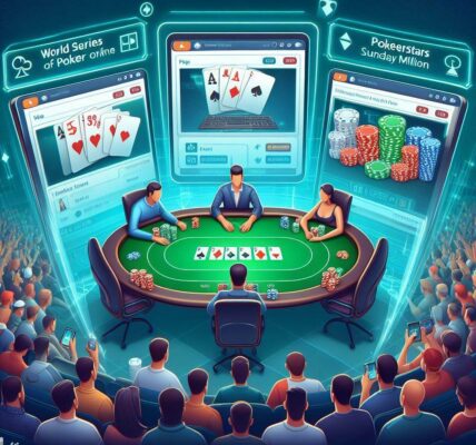 Virtual poker table with players in online poker tournament.