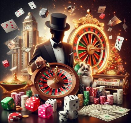 An image showcasing the excitement of rolling dice in Craps, spinning the Wheel of Fortune, and the elegance of Baccarat Bonanza