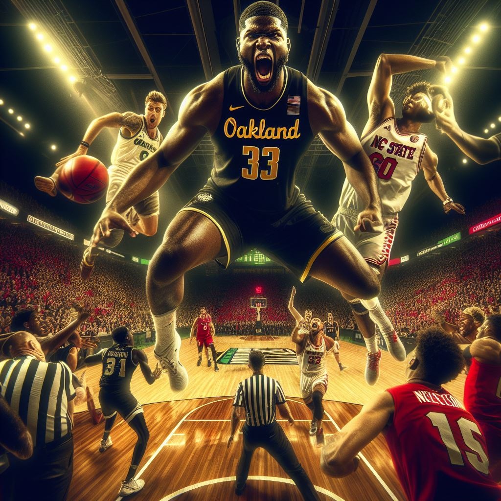 A dynamic image of NCAA Basketball Thriller players from Oakland and NC State facing off on the court in a highly anticipated basketball matchup